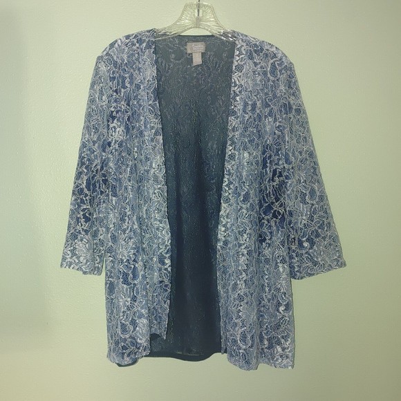 Chicos Travelers Women's Open Cardigan Size 0 Small 3/4 Sleeve Blue White Lace - Picture 1 of 10